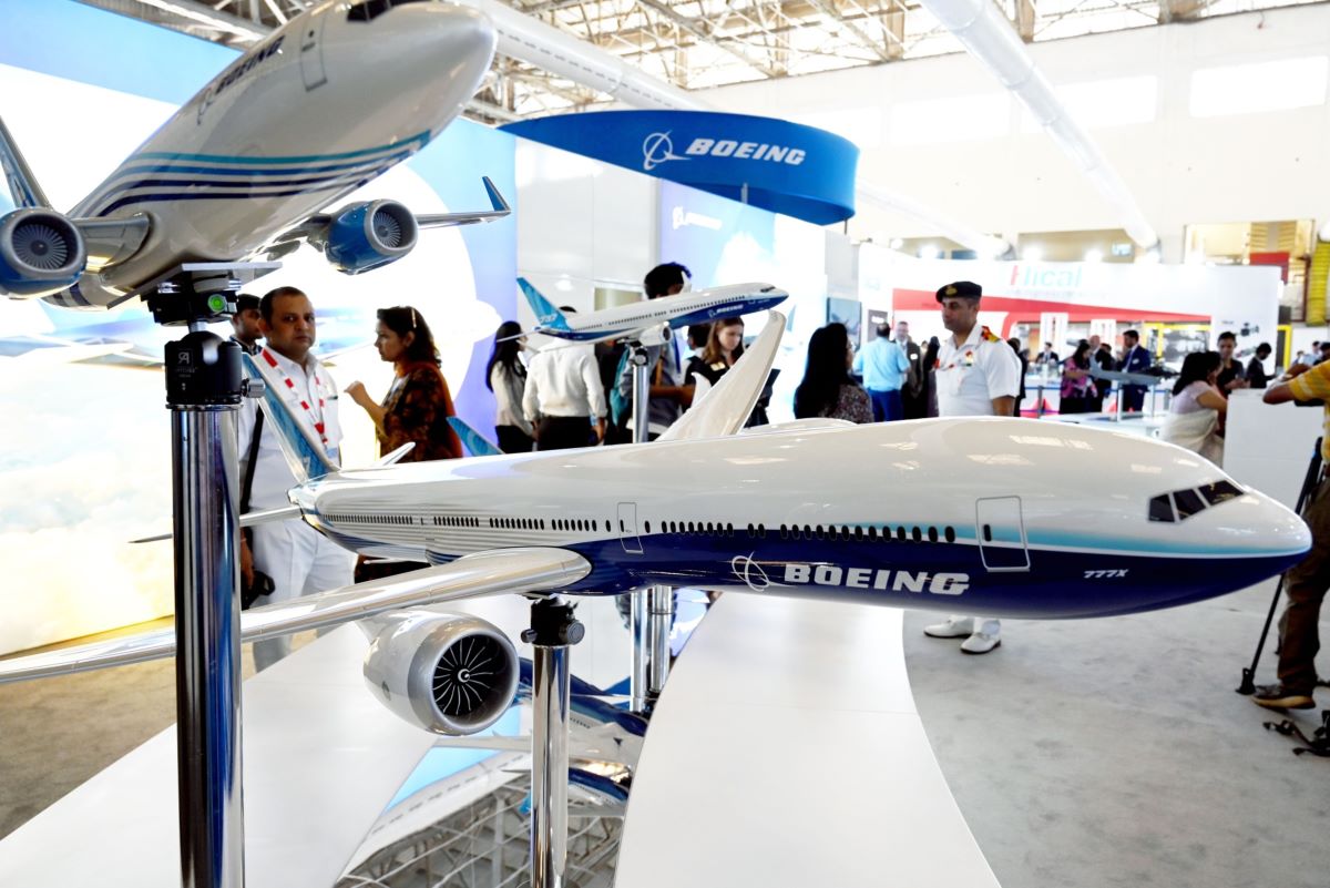 Boeing’s booth at the Aero India 2023 show in Bengaluru on February 14. Photo: Bloomberg