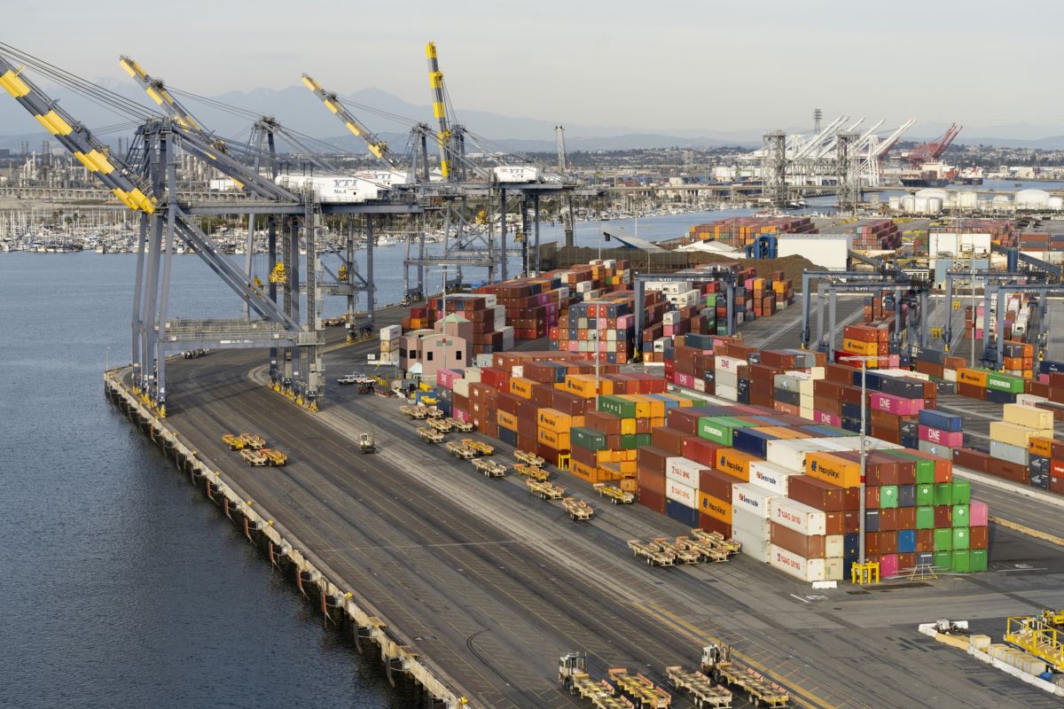 The Yusen container terminal at the Los Angeles port on Feb. 16, 2023. The port, the busiest in the U.S. last year, has seen volumes plummet from pandemic-era peaks. Photo: Bloomberg