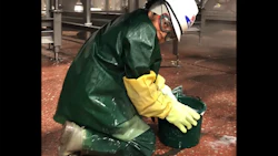 This photo, included in DoL court filings in November, 2022, shows a Packers Sanitation Services Inc. employee at the JBS Beef Plant in Grand Island, Nebraska. Photo: U.S. Department of Labor, taken by WHI Lopez