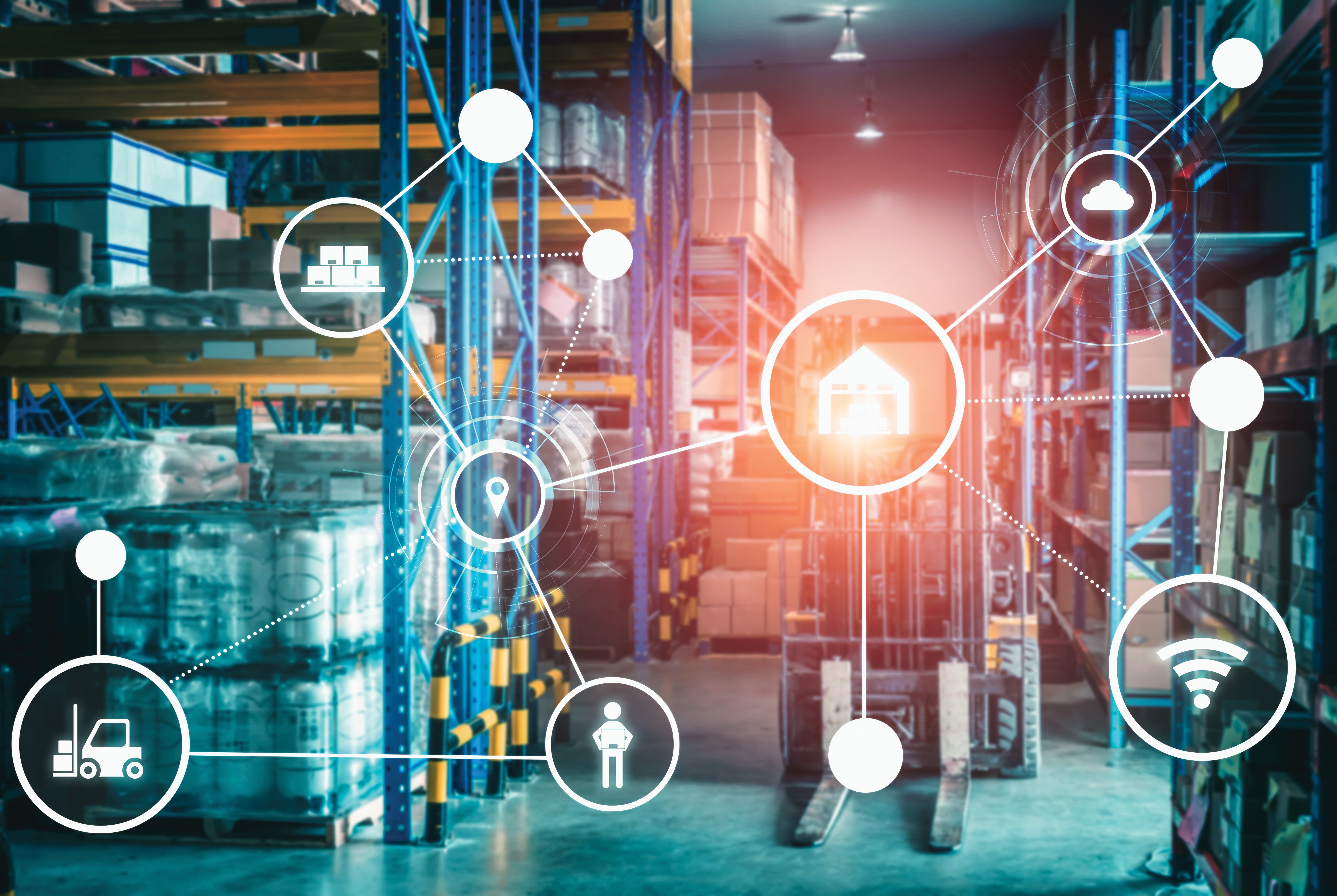 A graphic depicting smart warehouse management system with innovative internet of things technology