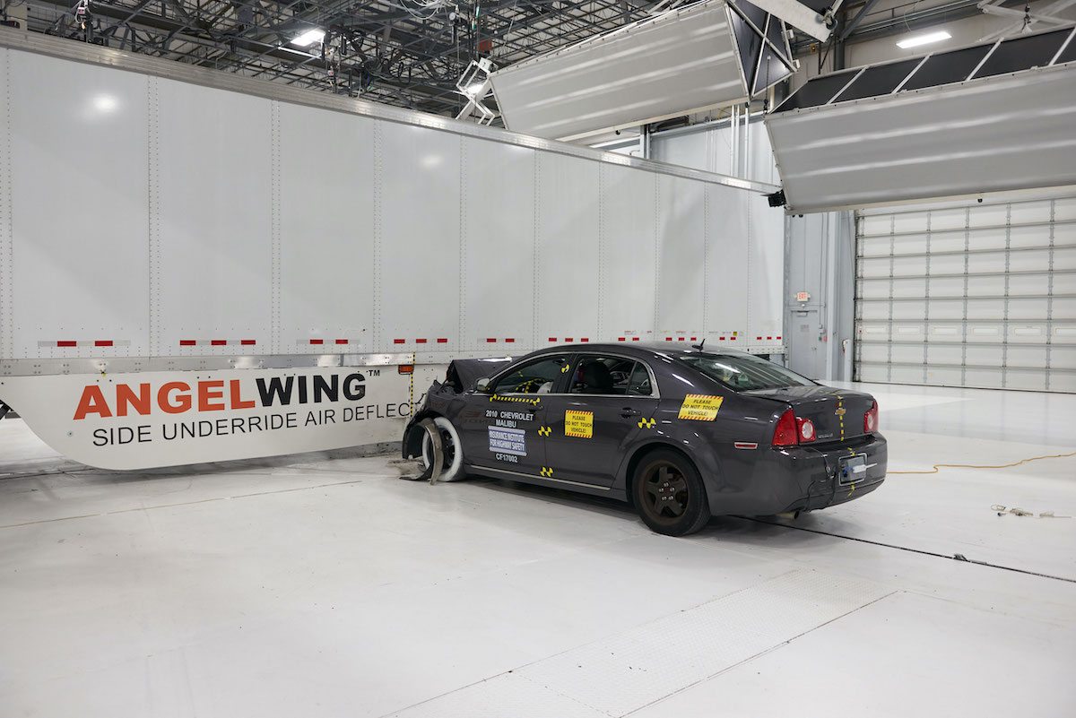 The AngelWing side underride guard from Airflow Deflector, Inc. successfully prevented underride in a 2017 IIHS crash test featuring a midsize car striking the guard at 35 mph. Photo: Insurance Institute for Highway Safety