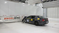 The AngelWing side underride guard from Airflow Deflector, Inc. successfully prevented underride in a 2017 IIHS crash test featuring a midsize car striking the guard at 35 mph. Photo: Insurance Institute for Highway Safety