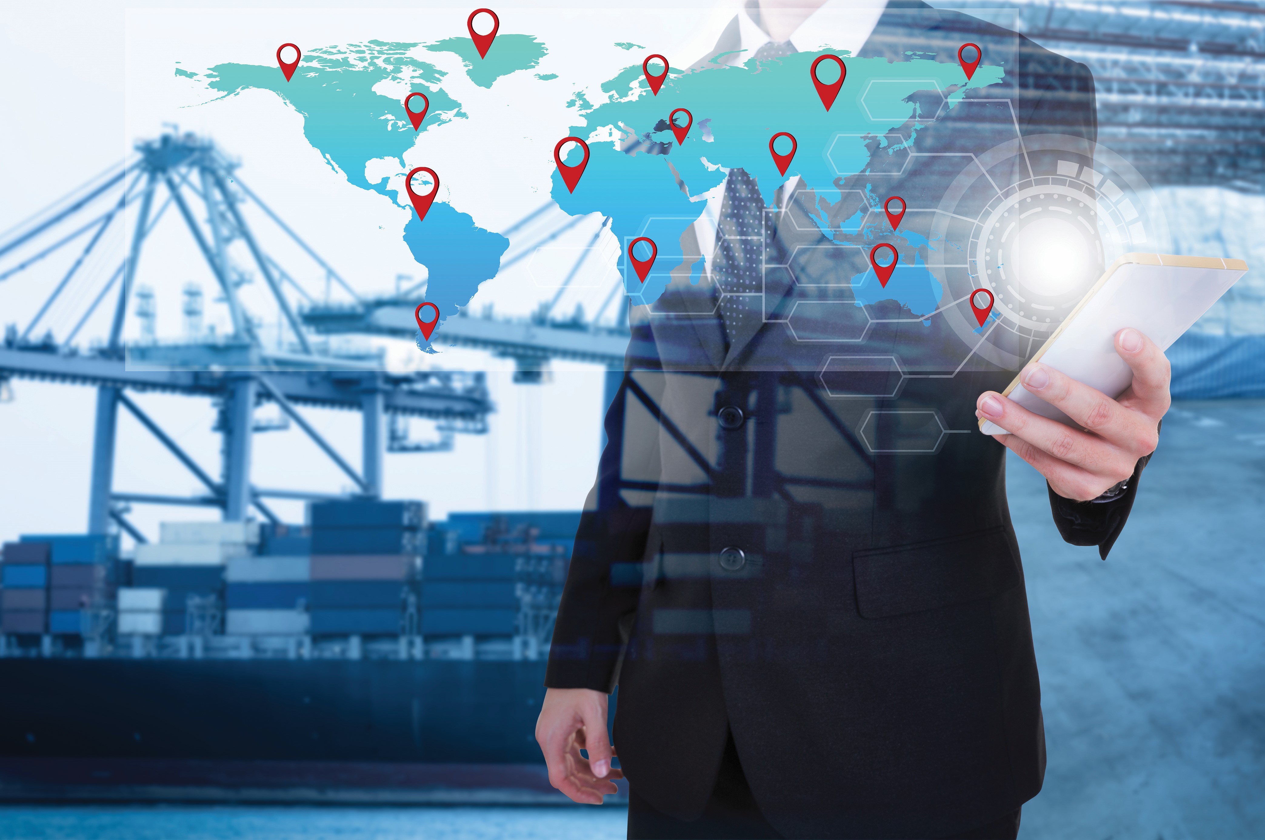 Mobile geolocation service for track delivery, cargo shipment and freight transportation. Logistic Import Export business (Elements of this image furnished by NASA)