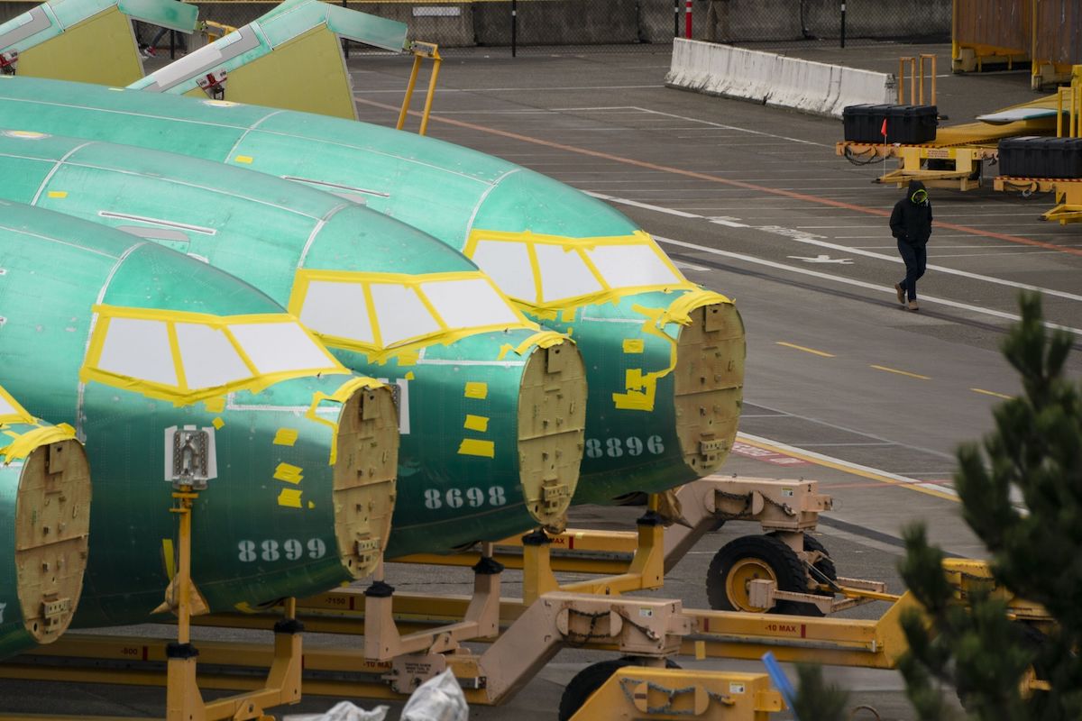 A Boeing 737 fuselages outside the Boeing Co. manufacturing facility in Renton, Washington.