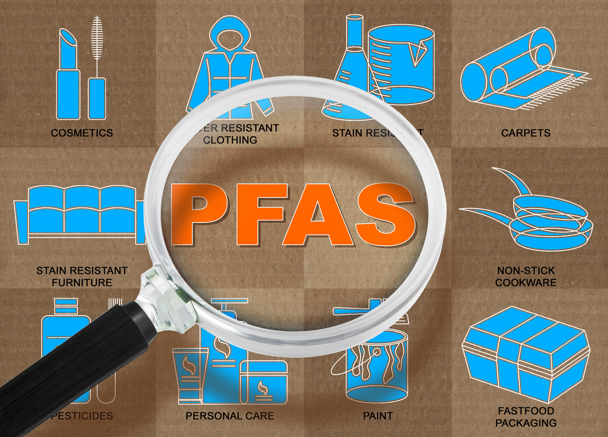 PFAS, PFOS and PFOA dangerous synthetic substances used in products and materials due to their enhanced water-resistant properties - Infographic concept with icon and magnifying glass