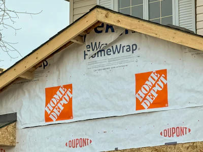 Calgary, Alberta, Canada. Dec 16, 2023. A close up to an under construction home wrap made by The Home Depot. Concept: Construction house material prices.