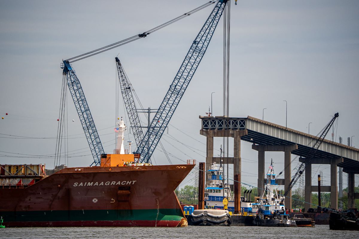 The bulk carrier cargo ship, Saimaagracht, sails past the cargo ship Dali and the collapsed Francis Scott Key Bridge in Baltimore Maryland on April 25. Photographer: Andrew Harnik/Getty Images