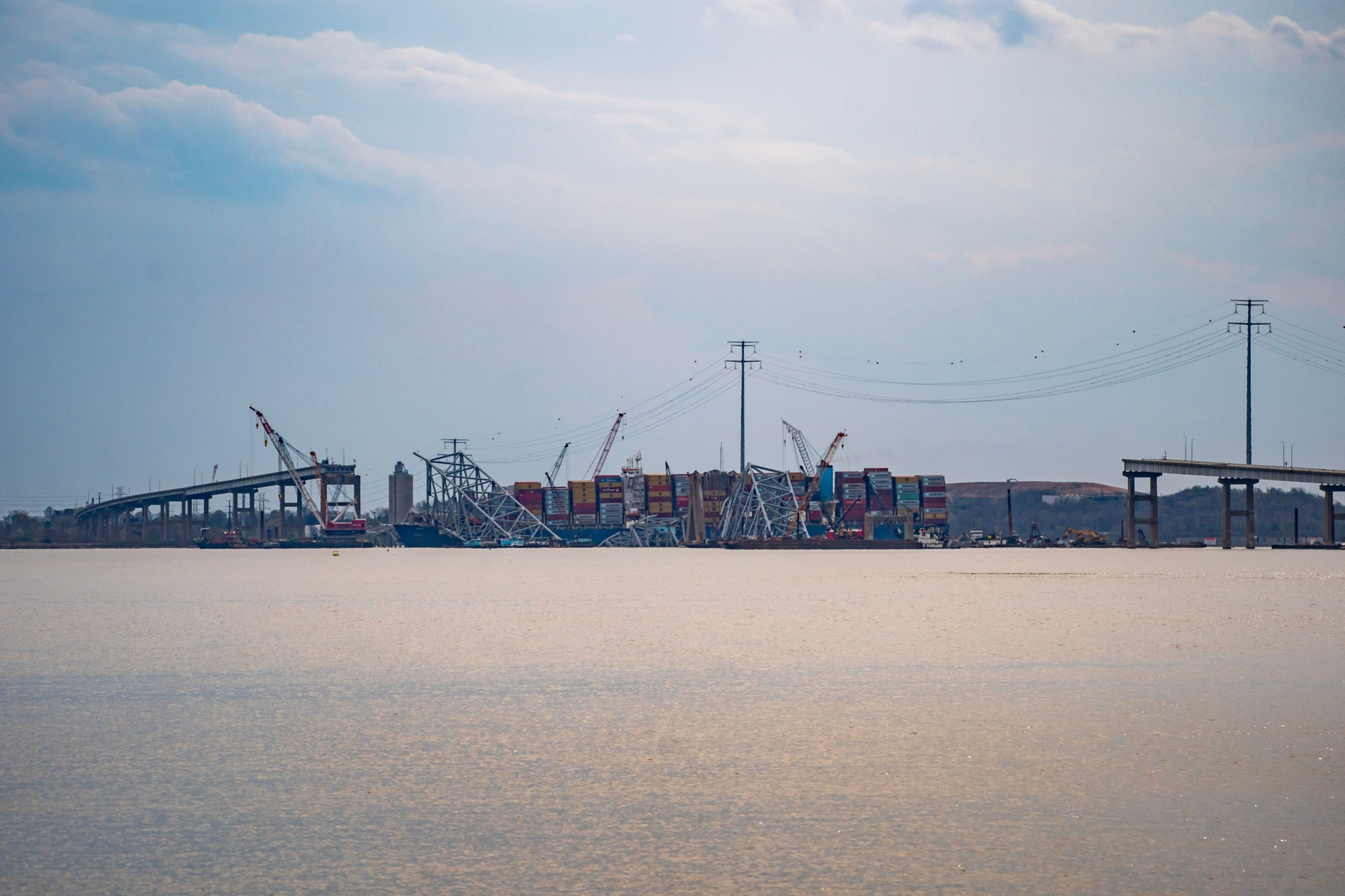 The Dali container vessel after striking the Francis Scott Key Bridge that collapsed into the Patapsco River in Baltimore, Maryland, U.S., on Tuesday, April 9, 2024. Photographer: Nathan Howard/Bloomberg