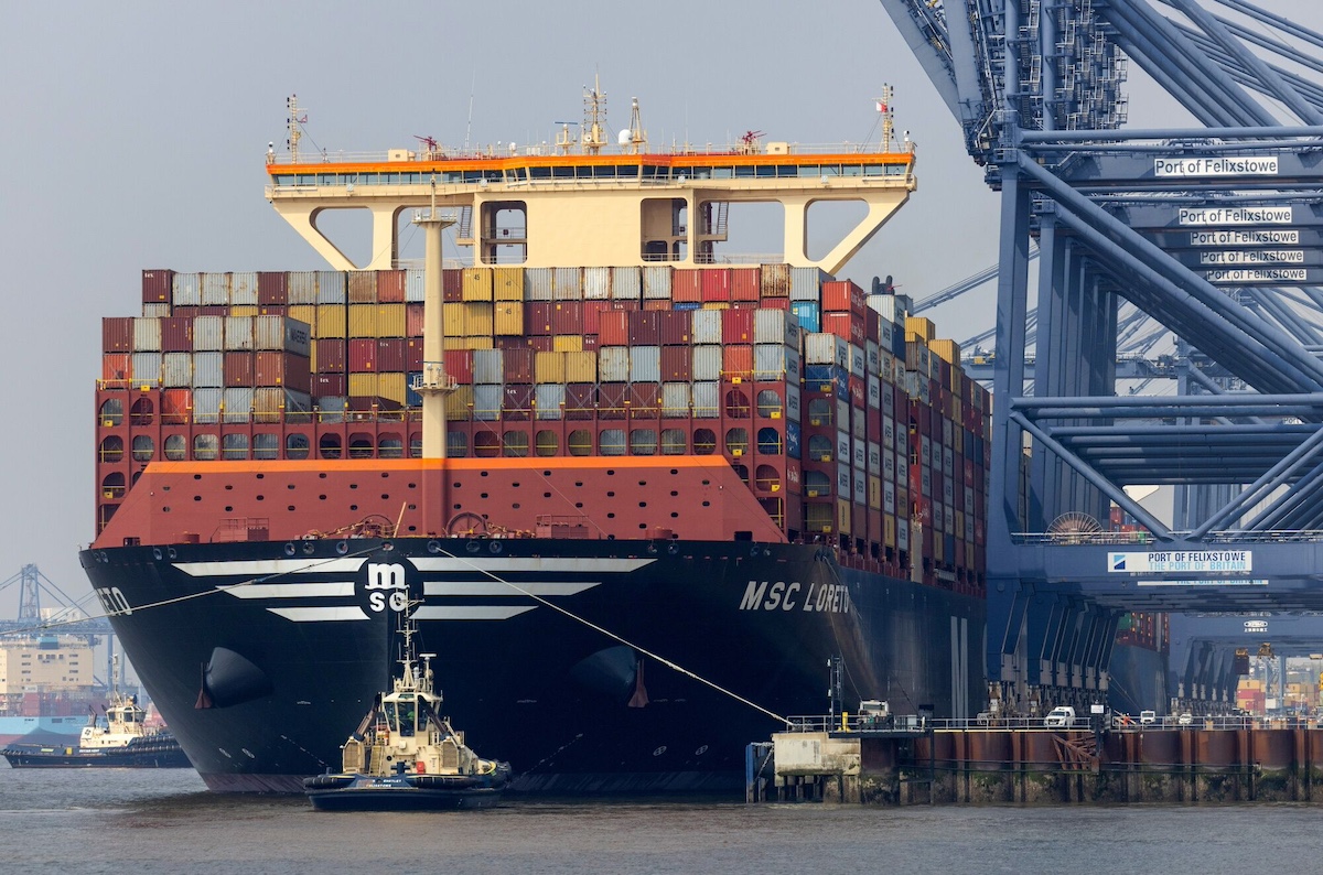 A container ship at the Port of Felixstowe, U.K. Photographer: Chris Ratcliffe/Bloomberg