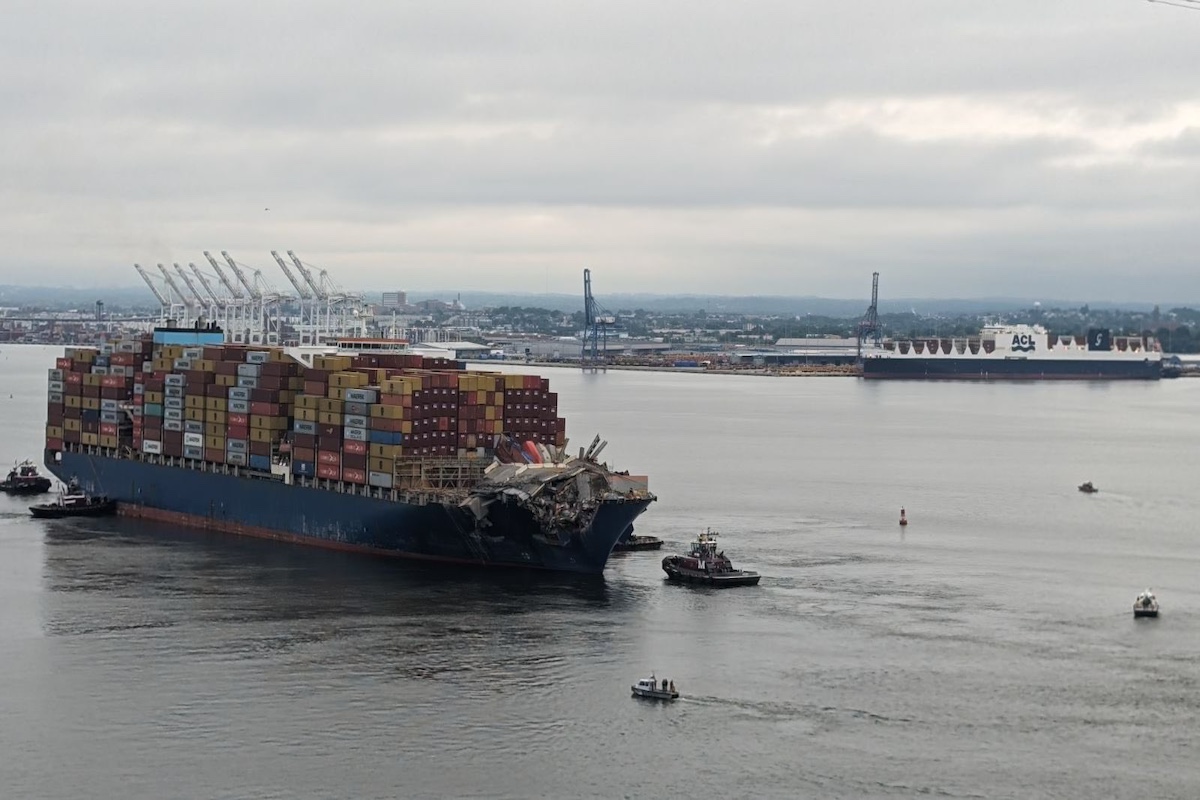 The Dali container ship being pulled away from the wreckage of Baltimore's Francis Scott Key Bridge. Photo: U.S. Army Corps of Engineers