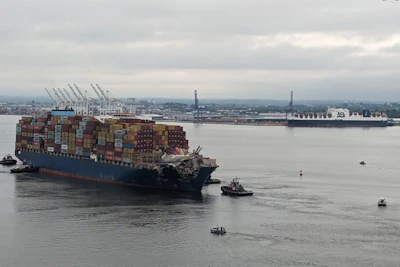 The Dali container ship being pulled away from the wreckage of Baltimore's Francis Scott Key Bridge. Photo: U.S. Army Corps of Engineers