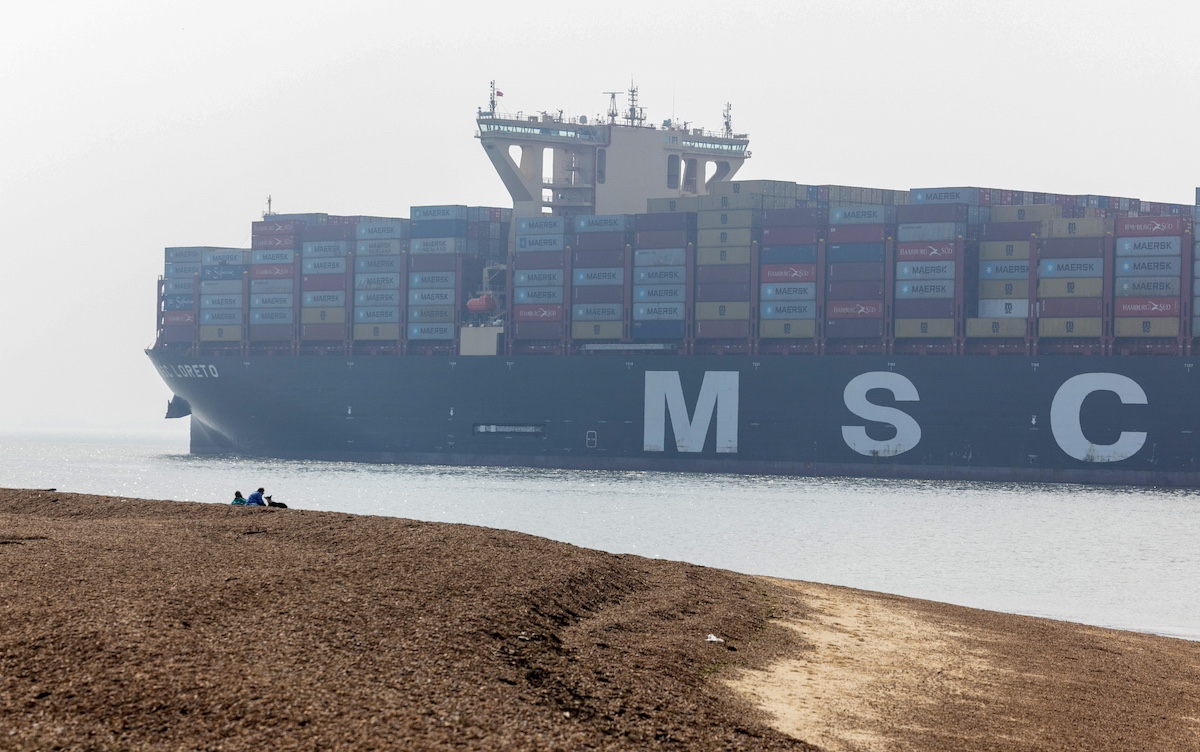 The MSC Loreto container ship leaves the Port of Felixstowe, owned by a unit of CK Hutchison Holdings Ltd., in Felixstowe, UK, on Thursday, May 2, 2024. AP Moller-Maersk A/S, a bellwether for global trade, said a strong start to the year has improved the outlook for container trade demand worldwide. Photographer: Chris Ratcliffe/Bloomberg