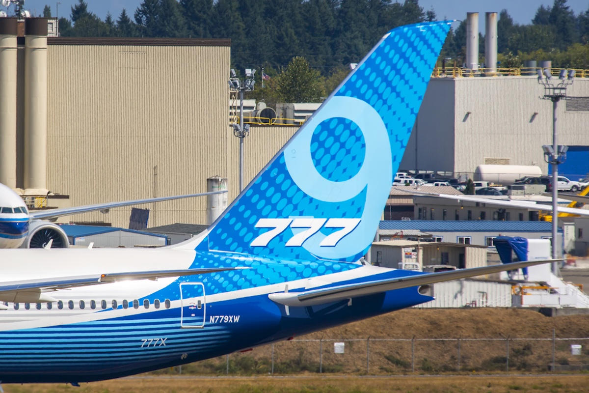 A Boeing 777X test plane in Everett, Washington. Photo: iStock / Kristian1108