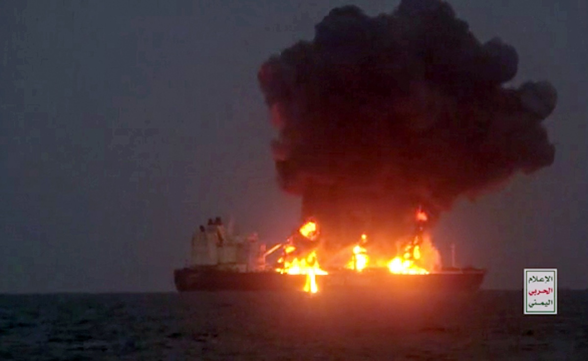Fires onboard the Sounion, a Greek-flagged oil tanker. Yemen's Houthi group claimed responsibility for an attack targeting the vessel with an explosive-laden drone. (Photo by Houthi Media Center via Getty Images)