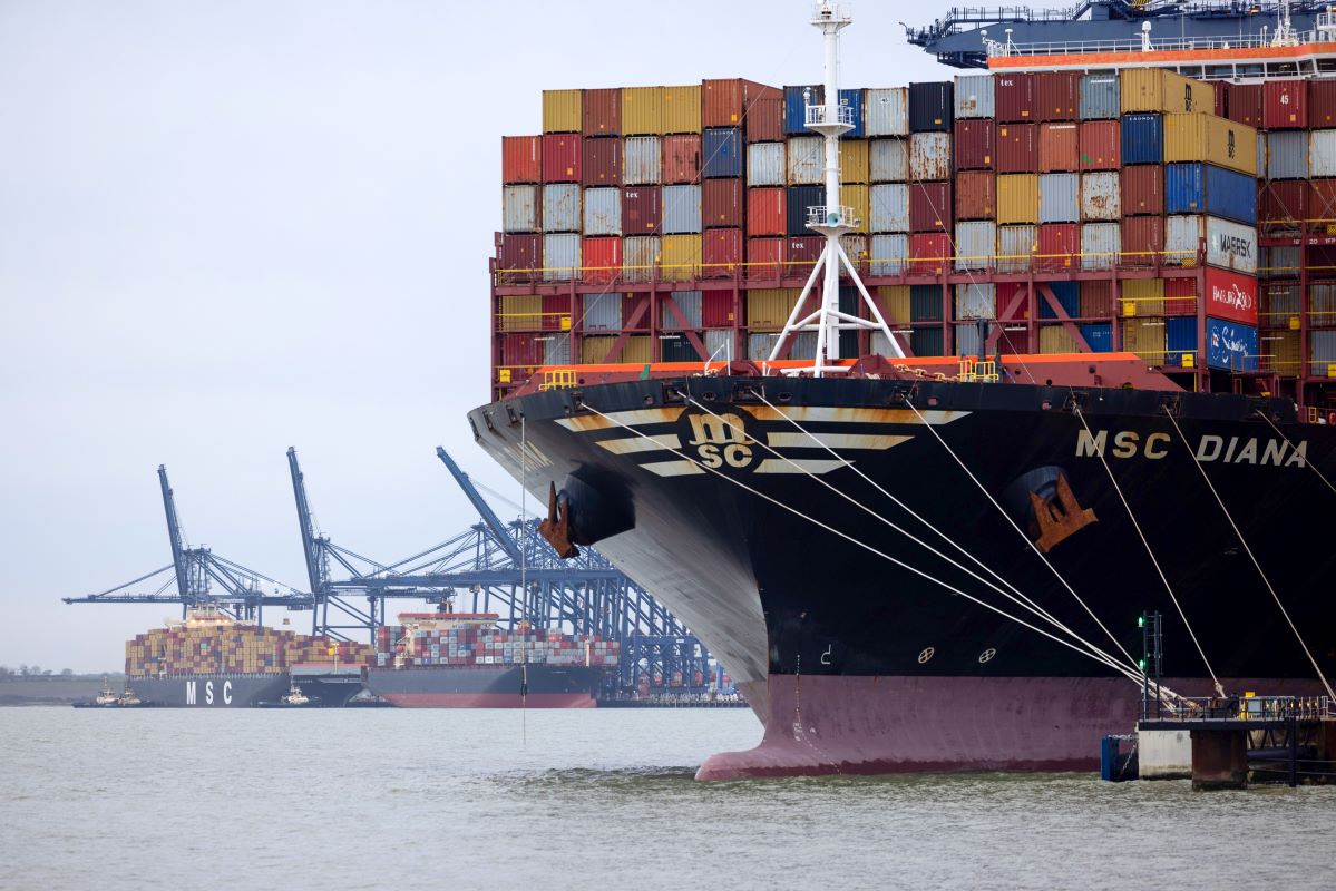 A container ship at the Port of Felixstowe. Photographer: Chris Ratcliffe/Bloomberg
