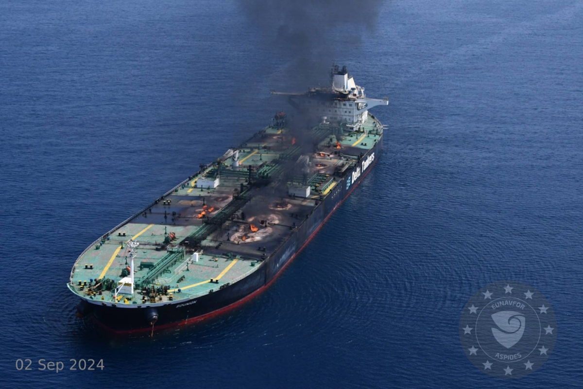 Fires burning aboard the Greek-flagged MV Sounion in the Red Sea. Photo: EUNAVFOR Aspides