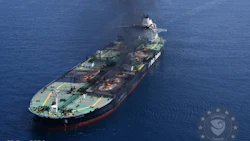 Fires burning aboard the Greek-flagged MV Sounion in the Red Sea. Photo: EUNAVFOR Aspides