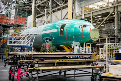 A Boeing 777X airplane on the assembly floor at the company's facility in Everett, Washington. Photographer: Chona Kasinger/Bloomberg