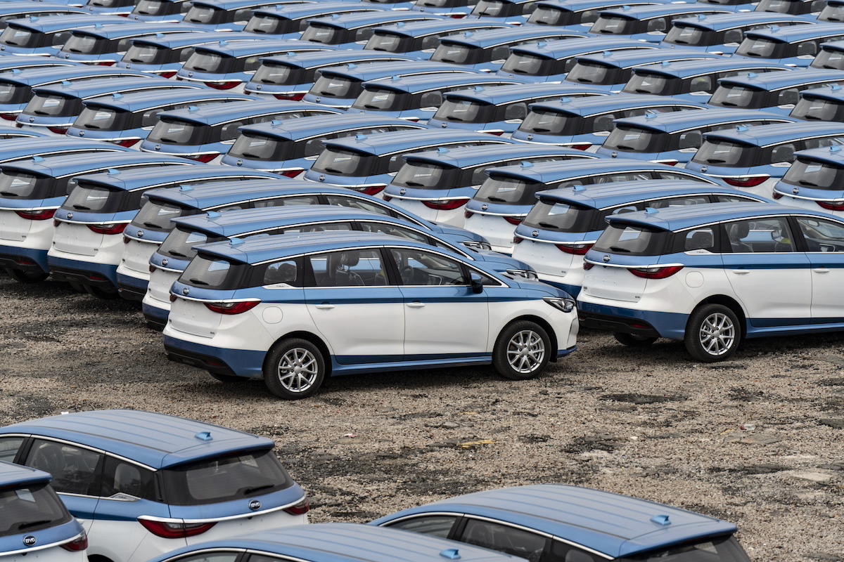 BYD Co. E5 electric vehicles in taxi livery at a lot in Shenzhen, China. Photographer: Qilai Shen/Bloomberg