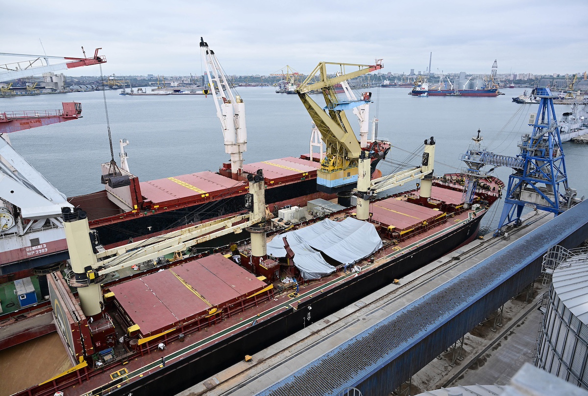 The destroyed hatch of a grain cargo ship at the Black Sea port of Constanta in Romania Sept. 19, 2024. Photographer: Daniel Mihailescu/AFP/Getty Images via Bloomberg.