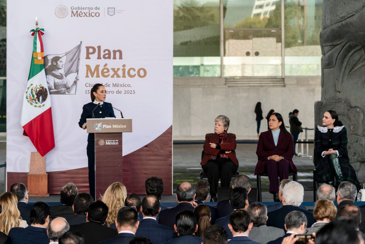 Claudia Sheinbaum speaks during a press conference on Plan Mexico, at the National Anthropology Museum in Mexico City on Jan. 13. Photographer: Stephania Corpi/Bloomberg