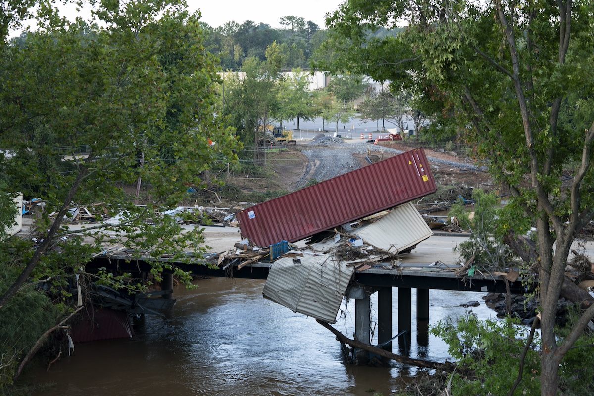 Flood damage strewn across a road in the aftermath of Hurricane Helene on September 29, 2024 in Asheville, North Carolina. Photo: Sean Rayford/Getty Images, via Bloomberg