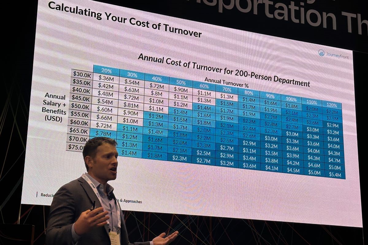 Daniel Ash, CEO of hiring platform Journeyfront, speaks at ProMat 2025. Photo: Helen Atkinson