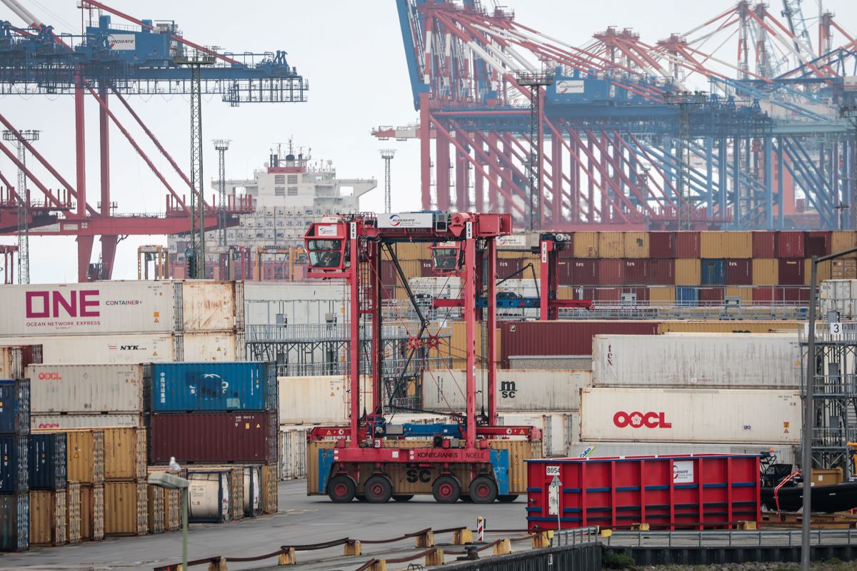 The container terminal at Bremerhaven port in Bremerhaven, Germany, on April 22. Photographer: Focke Strangmann/Getty Images
