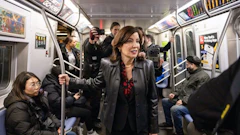 Kathy Hochul on the uptown E train after a news conference on congestion pricing in New York on March 21. Photographer: Yuki Iwamura/Bloomberg