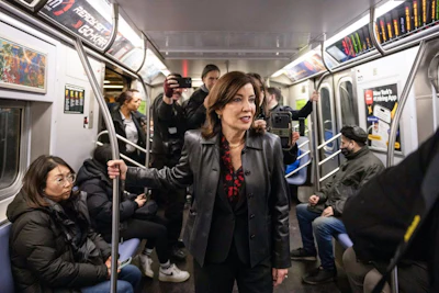 Kathy Hochul on the uptown E train after a news conference on congestion pricing in New York on March 21. Photographer: Yuki Iwamura/Bloomberg