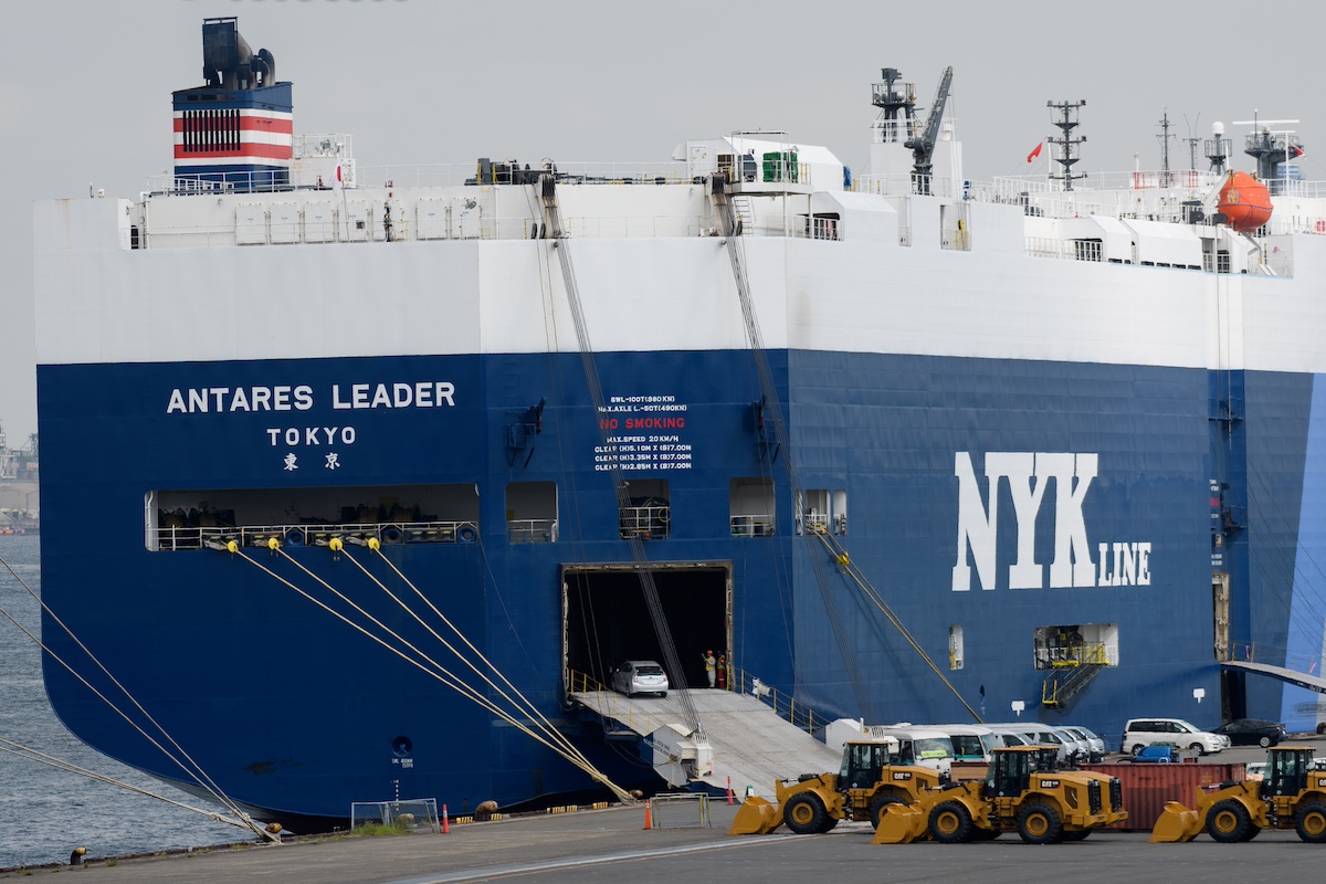A vehicle is driven onto the Antares Leader vehicle carrier, operated by Nippon Yusen KK (NYK Line), at a port in Yokohama, Japan. Photo: Akio Kon / Bloomberg