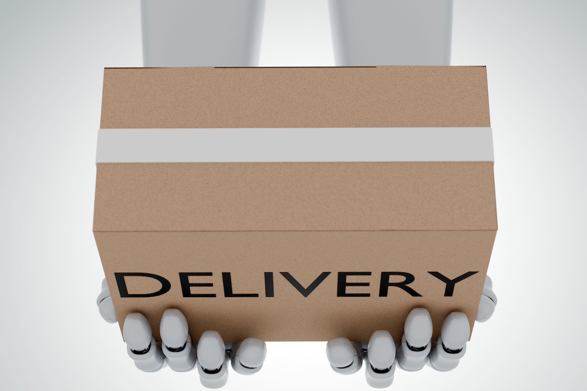 3D Rendering of a brown cupboard hand-carried by a robot isolated in the white background