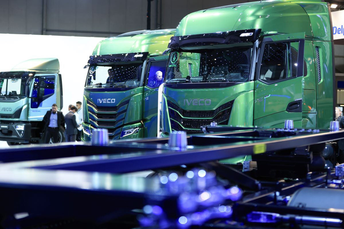 Trucks on the Iveco Group NV booth at the IAA Transportation fair in Hannover, Germany. Photographer: Krisztian Bocsi/Bloomberg