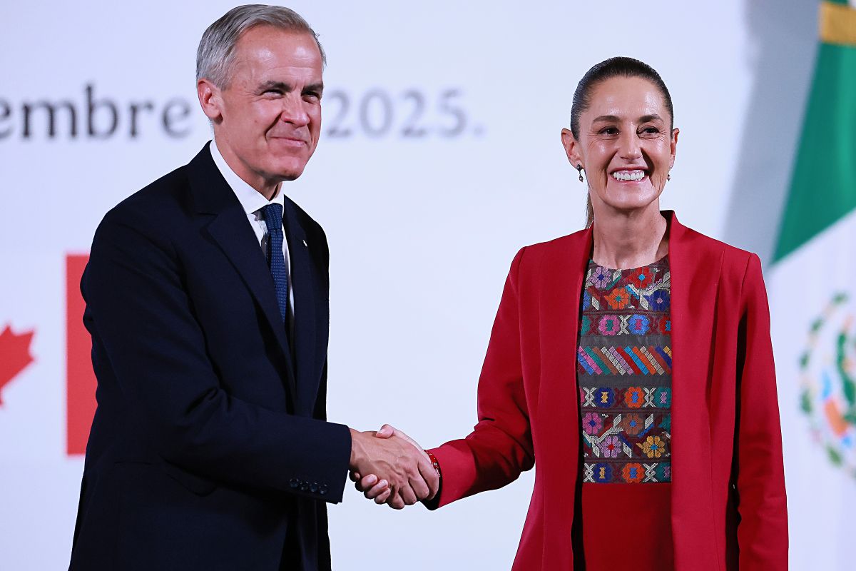 Mark Carney and Claudia Sheinbaum at a news conference in Mexico City on Sept. 18. Photographer: Manuel Velasquez/Getty Images