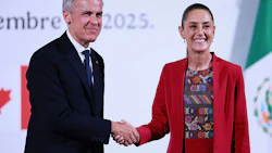 Mark Carney and Claudia Sheinbaum at a news conference in Mexico City on Sept. 18. Photographer: Manuel Velasquez/Getty Images
