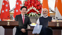 Narendra Modi, India's prime minister, right, and Lawrence Wong, Singapore's prime minister, during a joint press statement at Hyderabad House in New Delhi, India, on Thursday, Sep. 4, 2025. Photographer: Prakash Singh/Bloomberg