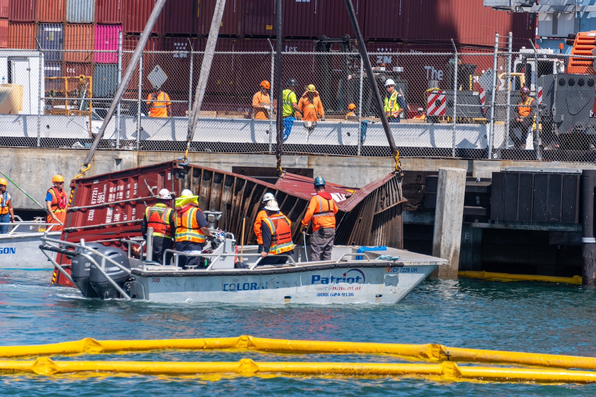 Salvage crews recovering containers that fell into the water at the Port of Long Beach. Photo: U.S. Coast Guard