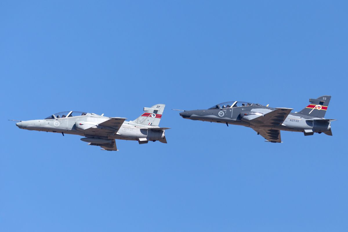 Two Royal Australian Air Force BAE Hawk 127 jet trainer aircraft taking off. Photo: iStock/Ryan Fletcher.