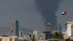 Smoke rises after an explosion in the industrial zone in Fujairah, United Arab Emirates, on Tuesday, March 3, 2026. Oil surged for a second day as the U.S. and Israel stepped up their war against Iran, with a fire at a key storage hub in the United Arab Emirates underscoring the risk to energy supplies. Source: Bloomberg