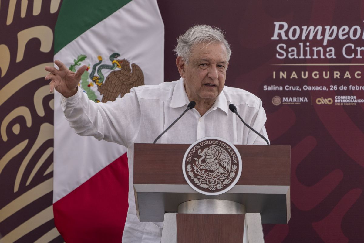 Andres Manuel Lopez Obrador, Mexico's president, speaks during the inauguration of the Interoceanic Corridor of the Isthmus of Tehuantepec (CIIT) Breakwater megaproject in Salina Cruz, Oaxaca state, Mexico, on Monday, Feb 26, 2024. Photographer: Alejandro Cegarra/Bloomberg