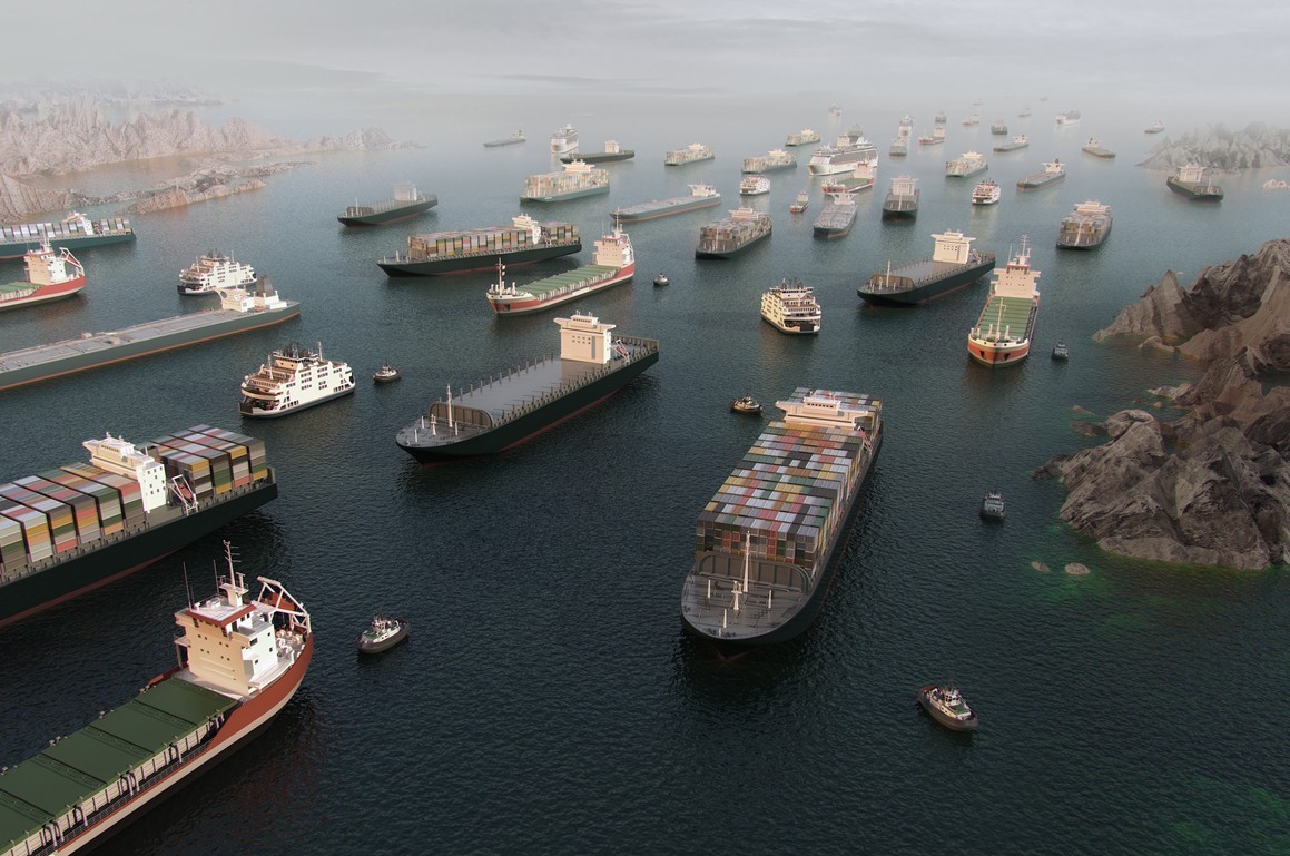 An aerial 3D illustration render of cargo ships stuck in the Strait of Hormuz. Image: iStock/quantic69
