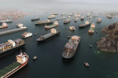 An aerial 3D illustration render of cargo ships stuck in the Strait of Hormuz. Image: iStock/quantic69