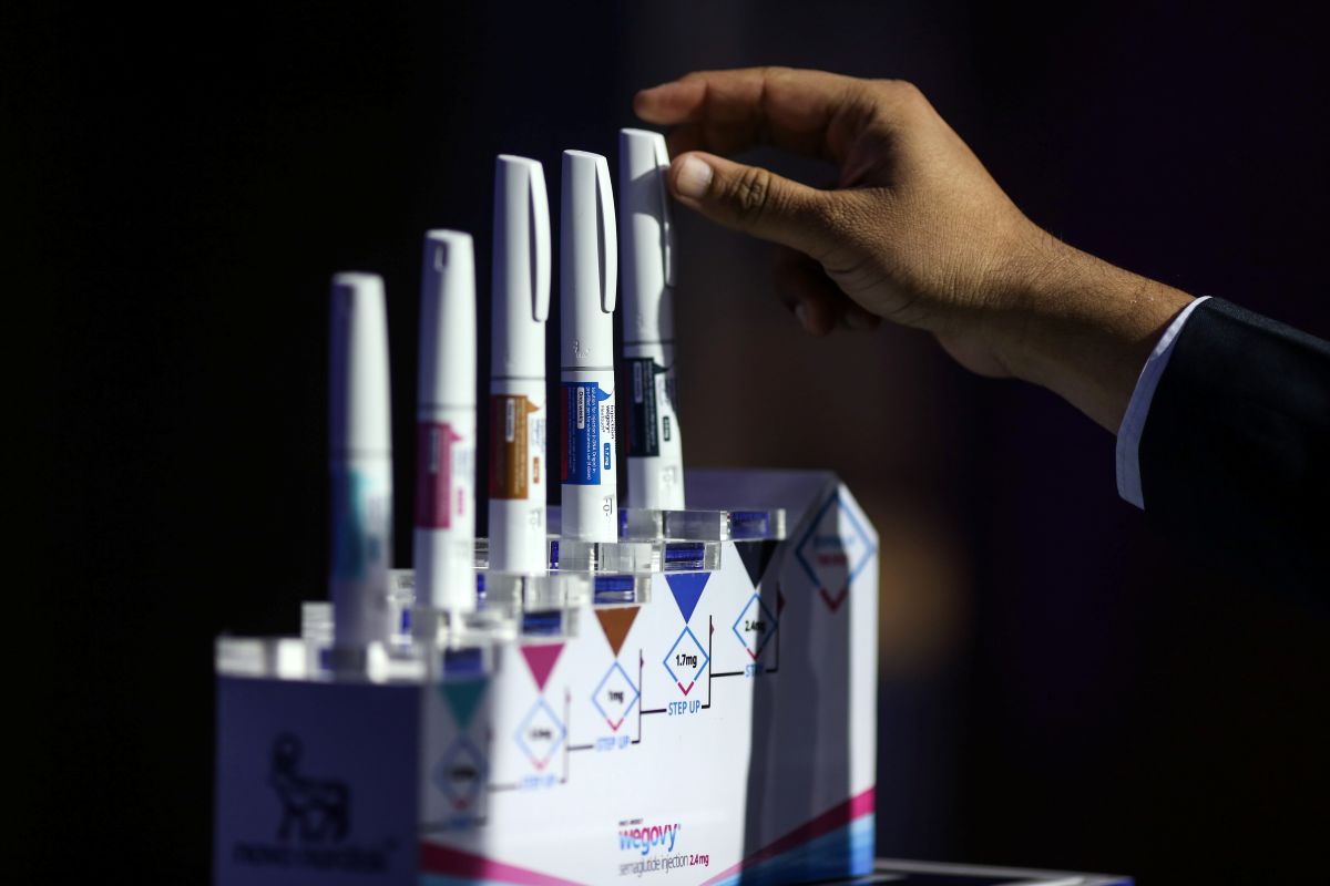 Injection pens for Wegovy on display during a news conference in Mumbai. Photographer: Dhiraj Singh/Bloomberg