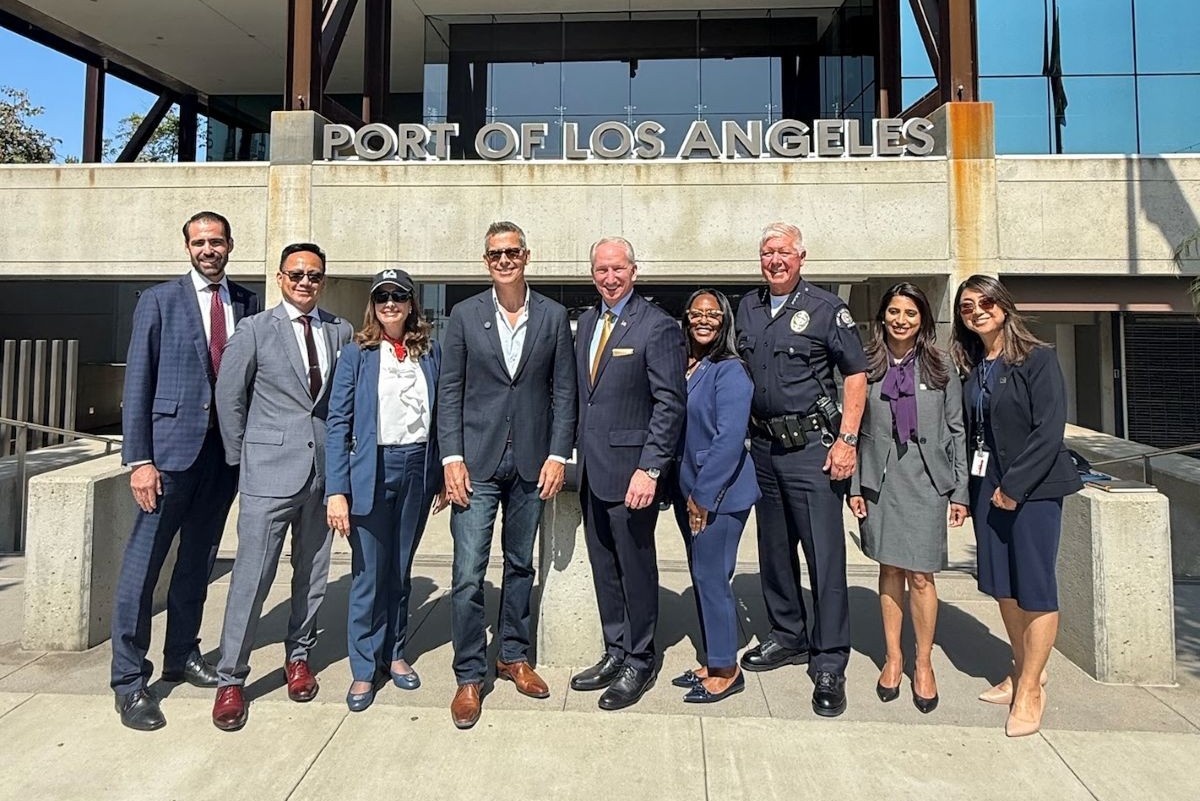Secretary of Transportation Sean P. Duffy (center left), with Port of Los Angeles director, Gene Seroka (center), June 12, 2026. Photo: Department of Transportation