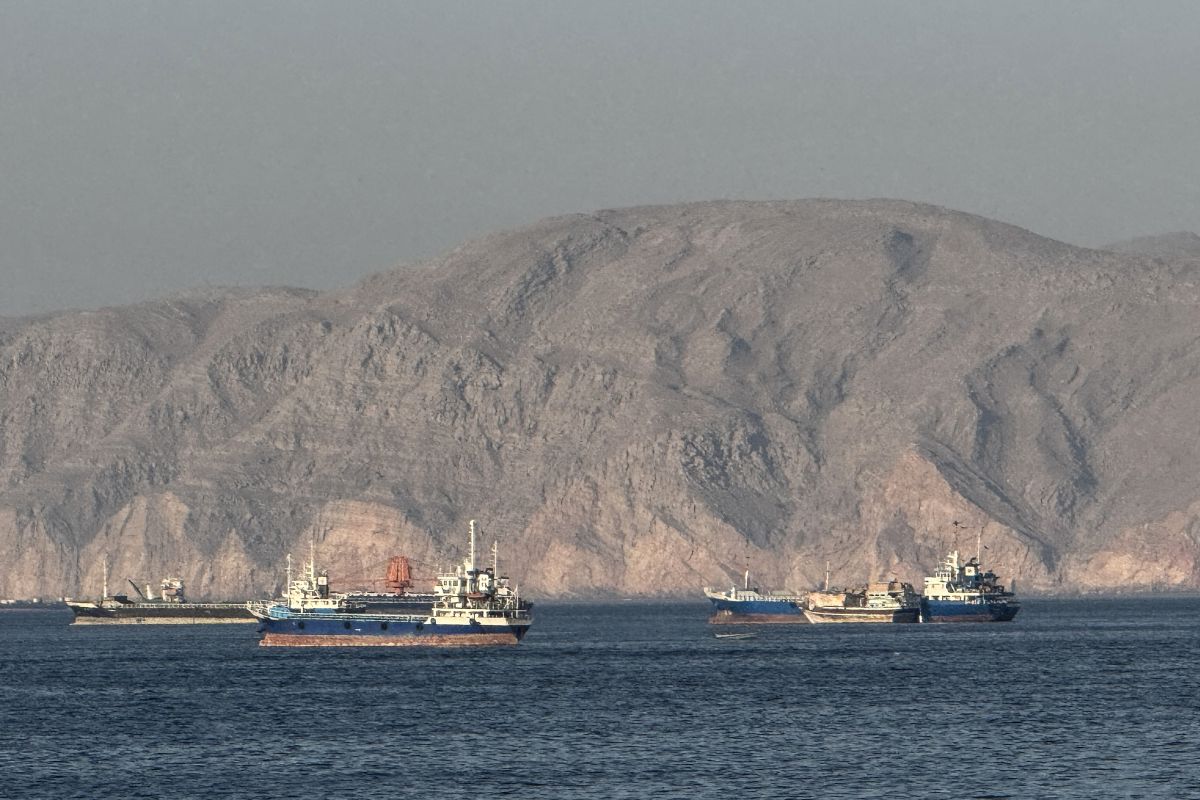 Vessels anchored in the Strait of Hormuz, near Khasab, Oman, in May. Source: AFP/Getty Images