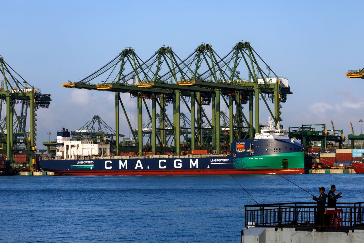 The CMA CGM SA Montmartre container ship leaves the PSA International Pte Ltd. Pasir Panjang Terminal in Singapore in February. Photographer: SeongJoon Cho/Bloomberg