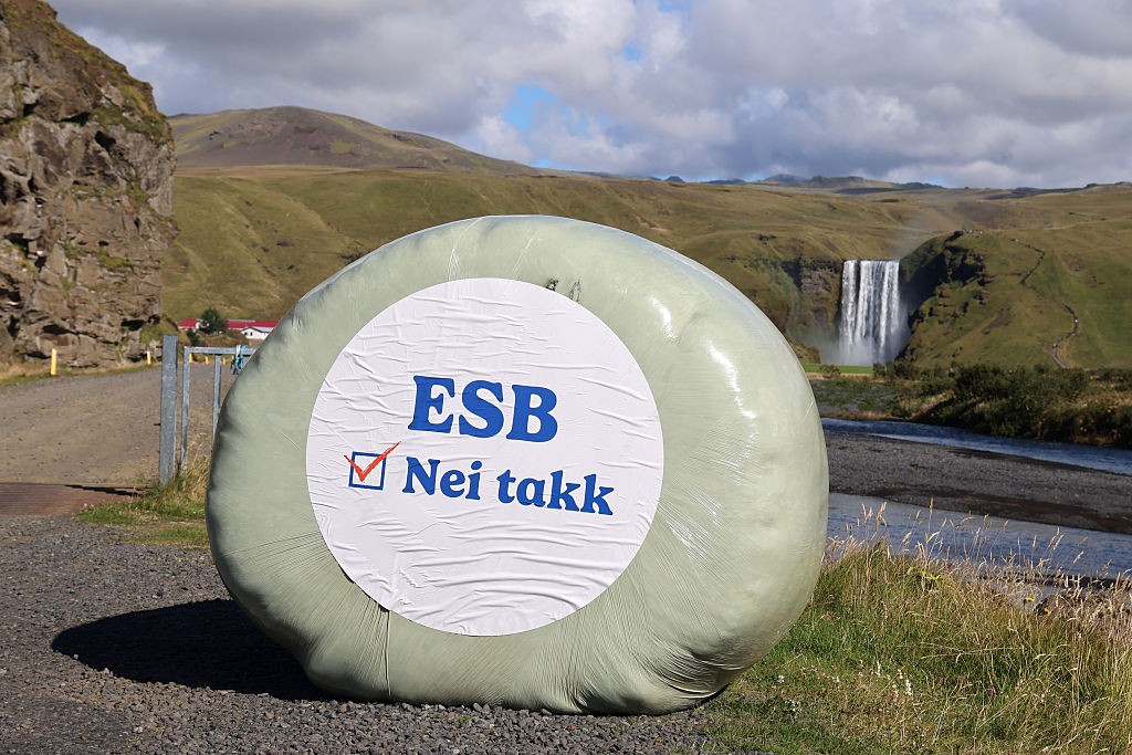 Farmers near Skogafoss display hay bales with the anti-EU message “no thanks.” Photographer: Micah Garen/Getty Images