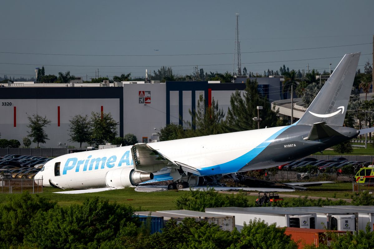 An Amazon cargo plane crashed after overshooting the runway at Miami International Airport (MIA) on Sept. 6. Photographer: Eva Marie Uzcategui/Bloomberg