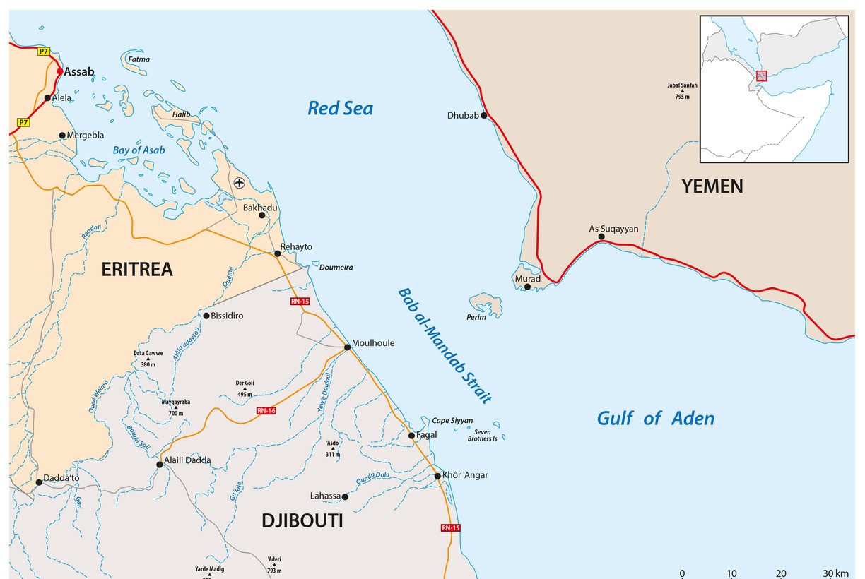 A map of the southern entrance to the Red Sea, showing the island of Perim in the narrowest part of the entrance, in the Bab al-Mandab Strait. Image: iStock/Rainer Lesniewski