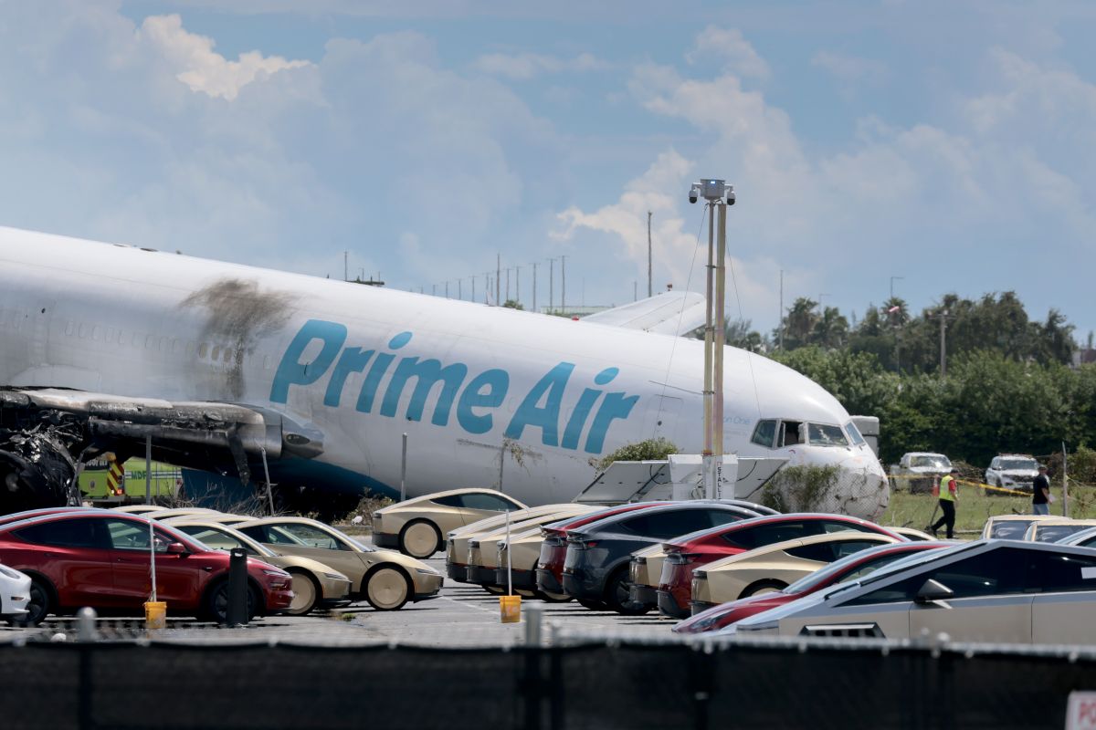 An Amazon.com cargo plane on Sept. 7, one day after it overran the runway at Miami International Airport in Miami. Photographer: Joe Raedle/Getty Images